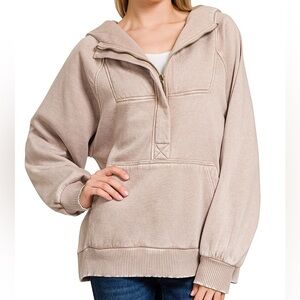 Oversized Acid Wash Fleece 1/4 Zip Kangaroo Pocket Hoodie in Ash Mocha